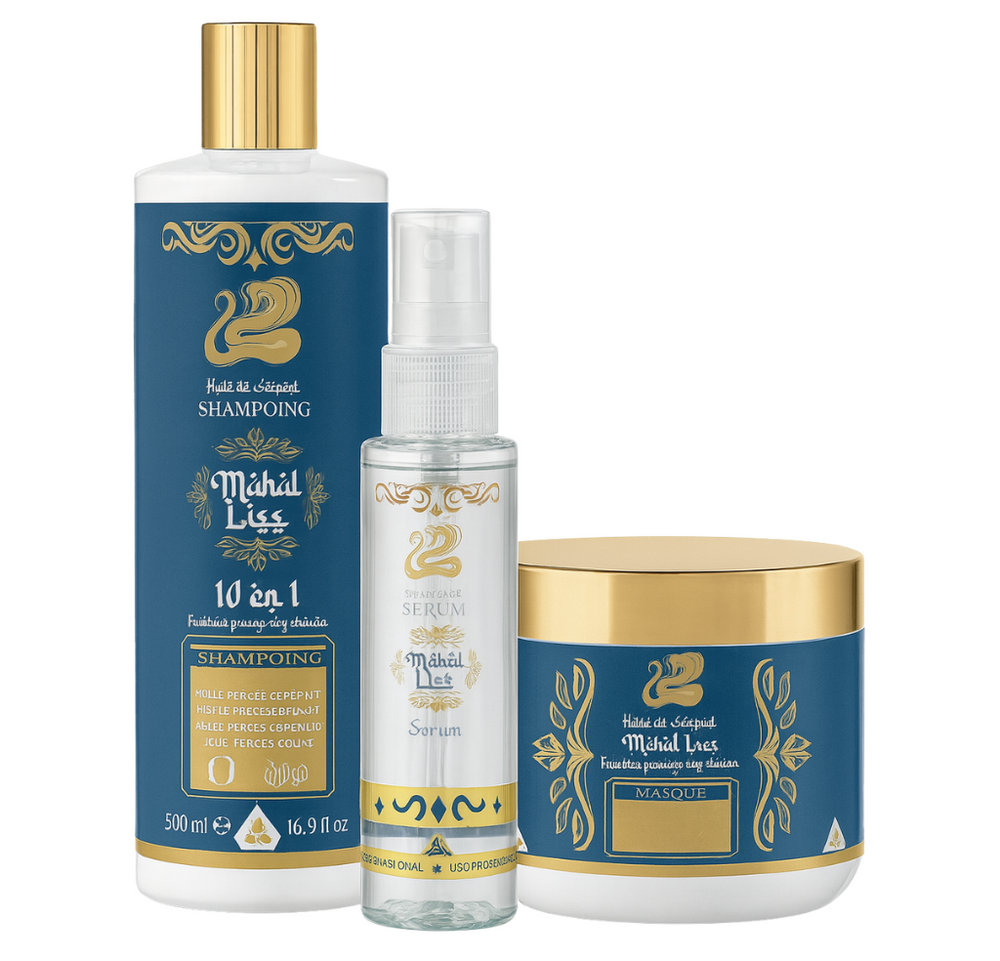 🌿 Trio capillaire Mahal Liss Huile de Serpent : shampoing sans sulfate, masque sans sulfate et sérum pour la pousse rapide, l’hydratation et la réparation des cheveux
