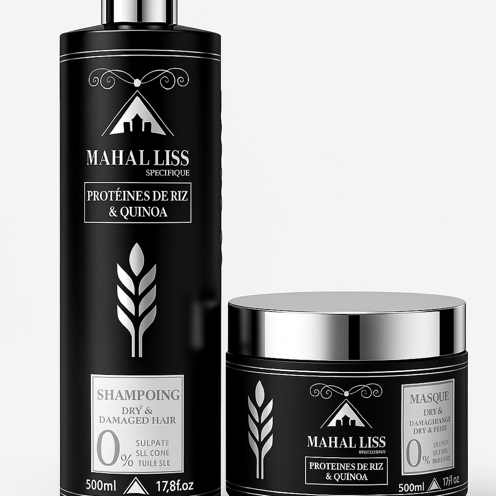 <img src="kit-mahal-liss.jpg" alt="Kit d'entretien lissage Mahal Liss avec shampoing 500 ml et masque 500 g pour cheveux gras et pointes sèches">