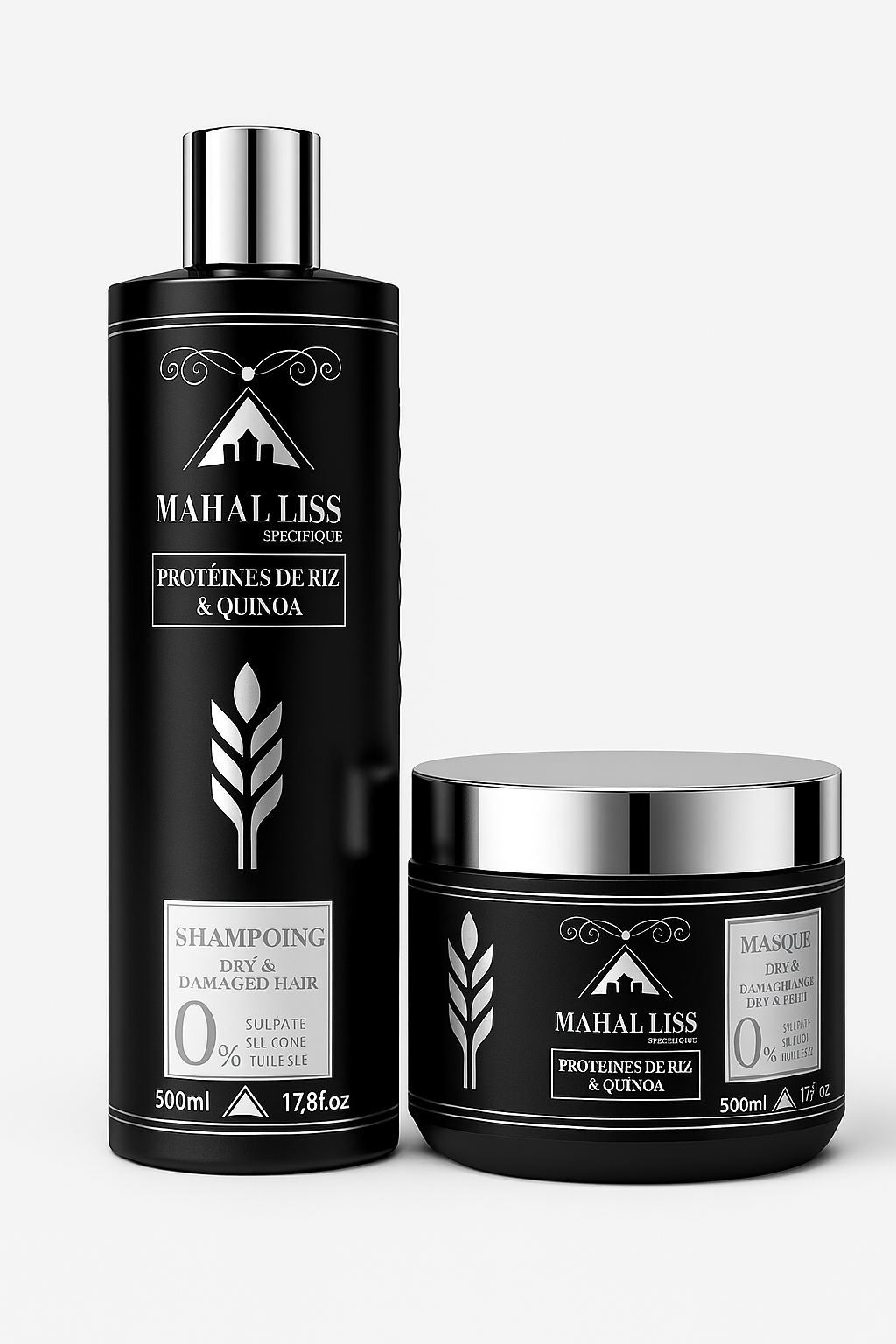 <img src="kit-mahal-liss.jpg" alt="Kit d'entretien lissage Mahal Liss avec shampoing 500 ml et masque 500 g pour cheveux gras et pointes sèches">